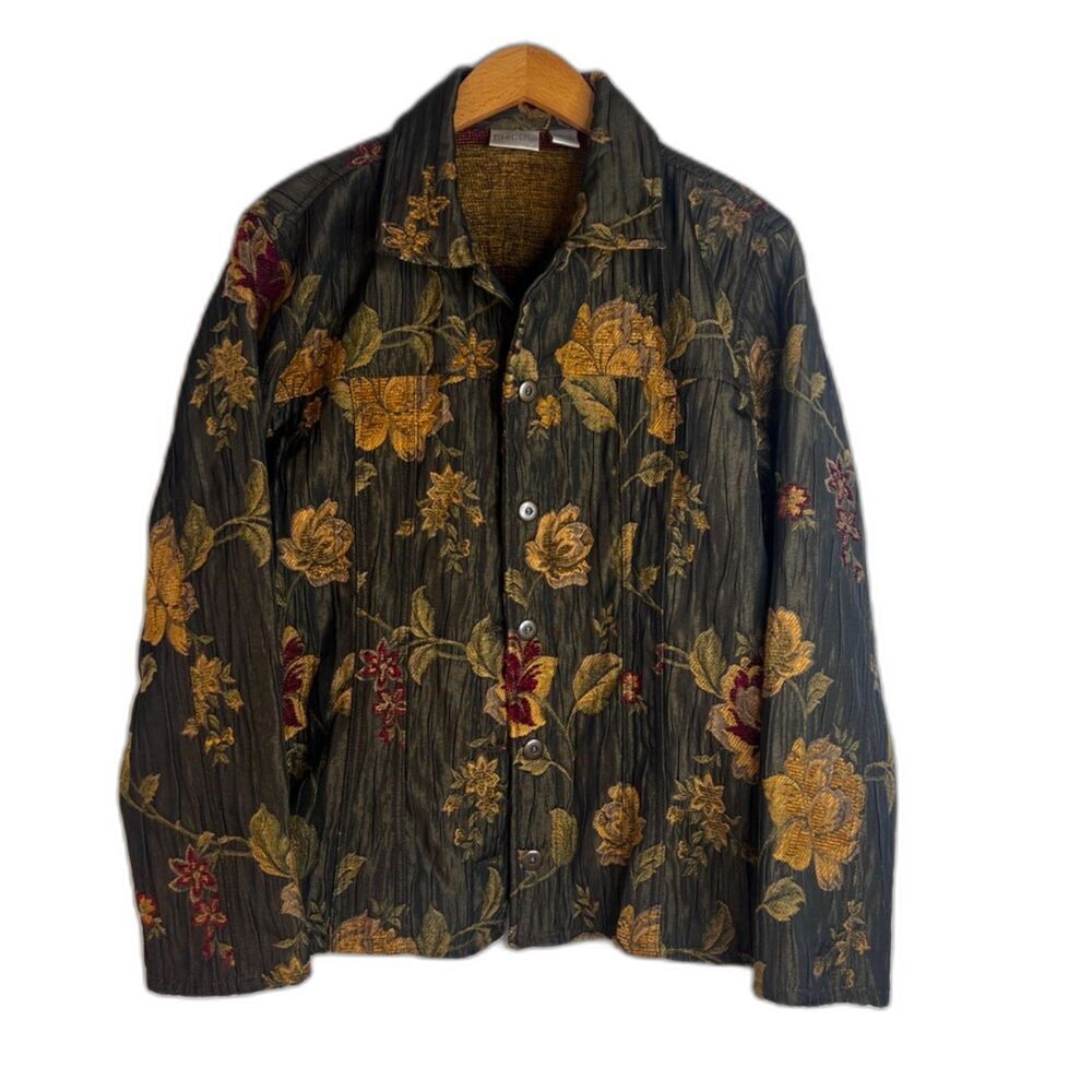 Chicos Brown Floral Tapestry‎ Crinkle Brocade Button Front Blazer Size 2 (MD)
